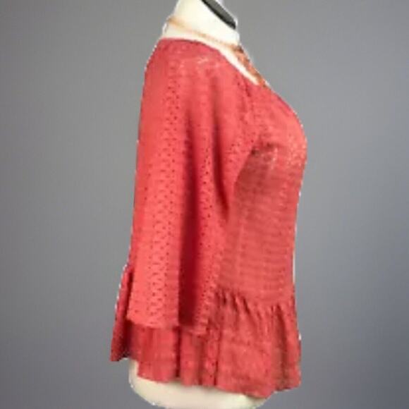 Crotchet Lace Coral Sz S Top Gathered Hem Orange Shirt Round Neckline 3/4 Sleeve - Picture 6 of 13